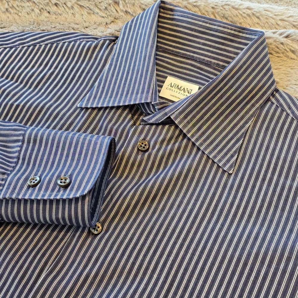 Armani Collezioni Mens 15.5 L Dress Shirt Navy Blue White Striped Cotton Italy
